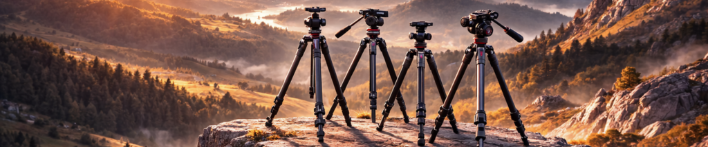 tripés manfrotto profissionais montados em paisagem montanhosa para fotografia de paisagem