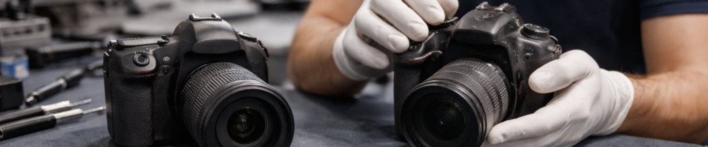 técnico revisando câmera fotográfica seminova em bancada técnica