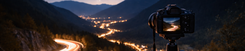 Câmera posicionada em tripé registrando uma estrada iluminada à noite com técnica de longa exposição, criando trilhas de luz e efeito de movimento.