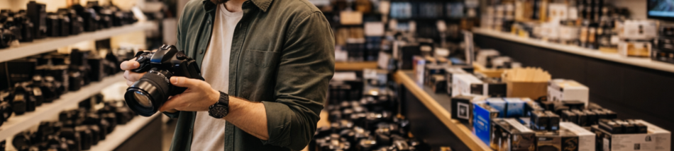 cliente segurando câmera em loja de fotografia com prateleiras de equipamentos ao fundo