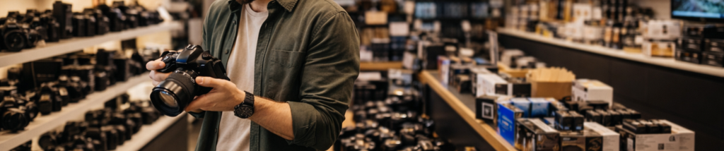 cliente segurando câmera em loja de fotografia com prateleiras de equipamentos ao fundo