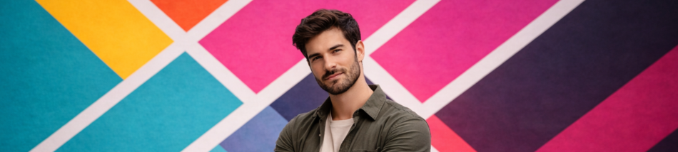 fotógrafo diante de mural geométrico colorido usado como composição visual