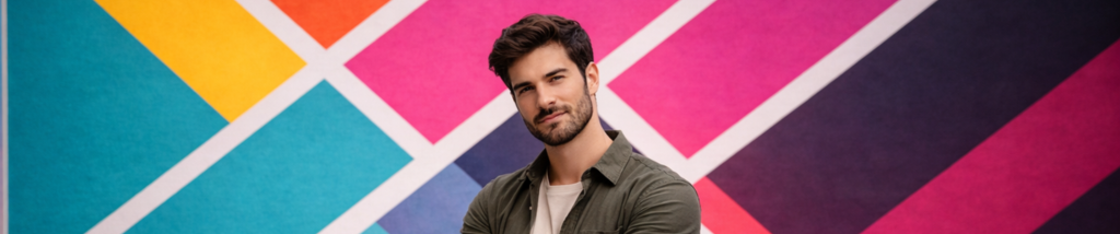 fotógrafo diante de mural geométrico colorido usado como composição visual