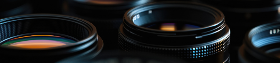 Várias lentes fotográficas profissionais alinhadas em detalhe macro com reflexos coloridos no vidro óptico e fundo escuro.