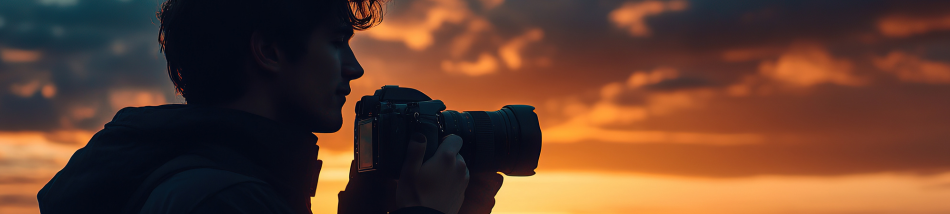 Fotógrafo de perfil segurando uma câmera profissional com lente clara para fotografar em baixa luz durante o pôr do sol.