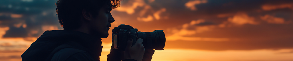 Fotógrafo de perfil segurando uma câmera profissional com lente clara para fotografar em baixa luz durante o pôr do sol.