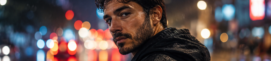 Retrato masculino com atmosfera cinematográfica durante fotografia na chuva à noite, destacando homem com capuz molhado e fundo urbano com efeito bokeh colorido.
