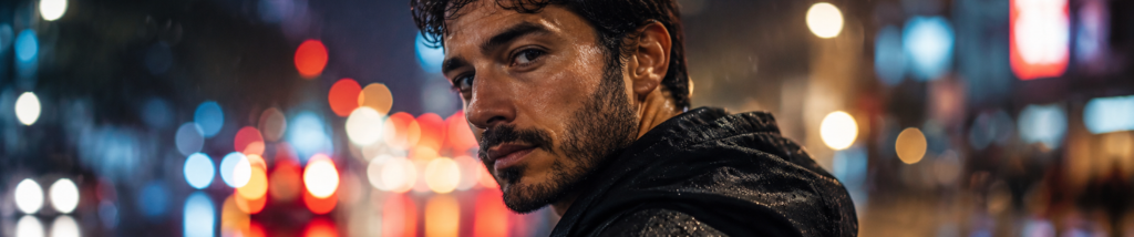 Retrato masculino com atmosfera cinematográfica durante fotografia na chuva à noite, destacando homem com capuz molhado e fundo urbano com efeito bokeh colorido.