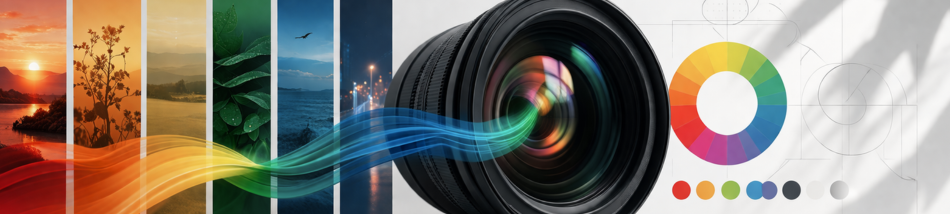 Lente fotográfica profissional em destaque com feixe de luz colorido conectado a painéis com diferentes paletas de cores e a um círculo cromático sobre fundo claro.