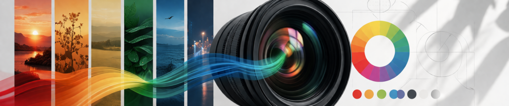 Lente fotográfica profissional em destaque com feixe de luz colorido conectado a painéis com diferentes paletas de cores e a um círculo cromático sobre fundo claro.